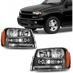 PHILTOP Headlights Assembly for 2002-2009 Chevy Trailblazer,2002-2006 Trailblazer EXT,Halogen Headlamp Black Housing Clear Lens 