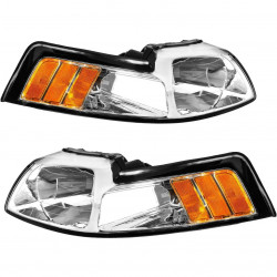 PHILTOP Headlights Assembly Compatible with 1999-2004 Ford Mustang,Chrome Housing Clear Lens Amber Reflector,Halogen Headlamps (