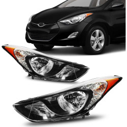 PHILTOP Headlights Assembly Compatible with 2011-2013 Hyundai Elantra,Black Housing Clear Lens Amber Reflector,Halogen Headlamps
