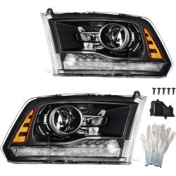 PHILTOP Pair Headlights Assembly Compatible with 2013-2018 Ram 1500/Ram 2500/Ram 3500,2019-2023 Ram 1500 Classic,Black Housing C