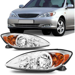 PHILTOP Headlights Assembly Compatible with 2002-2004 Toyota Camry,Chrome Housing Clear Lens Amber Reflector,Halogen Headlamps (